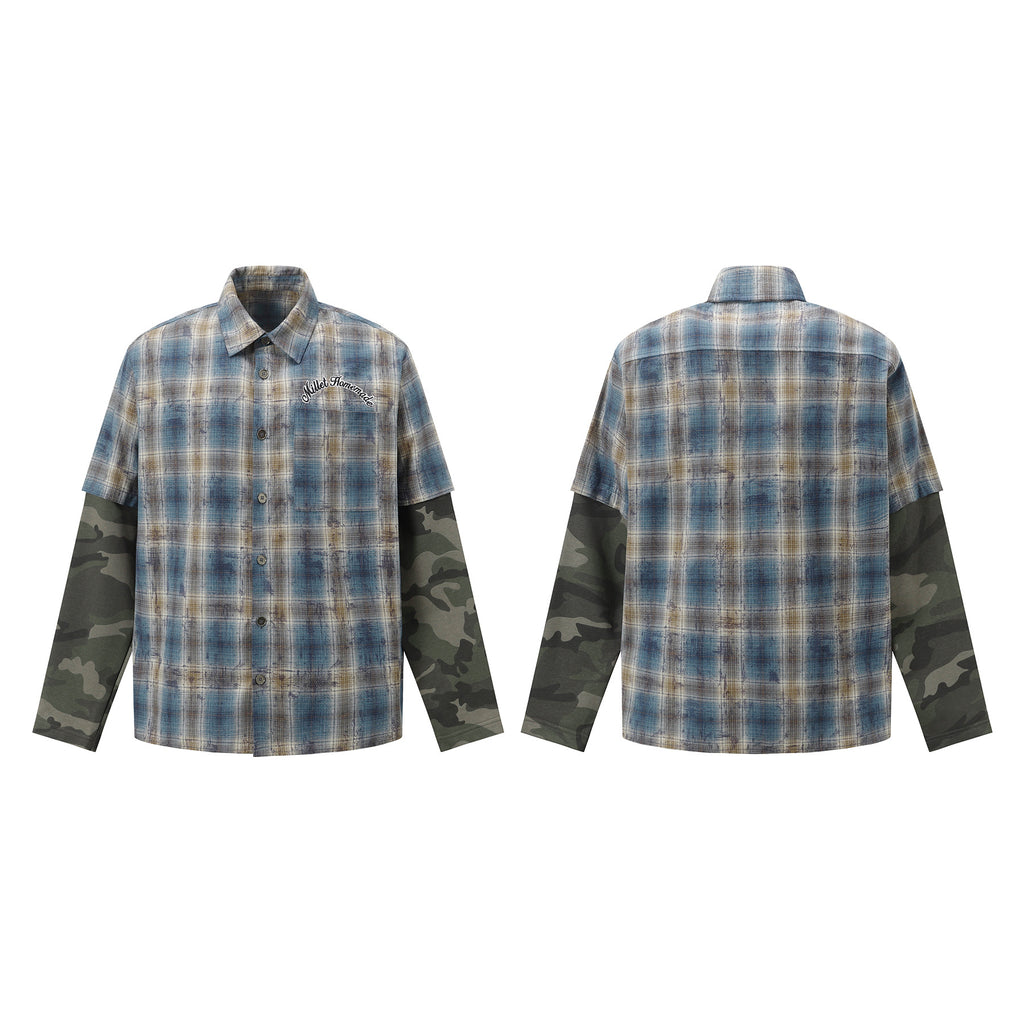 2025 Spring New Arrival: American Retro Street Style Faux Two-Piece Design Long-Sleeved Shirt 166