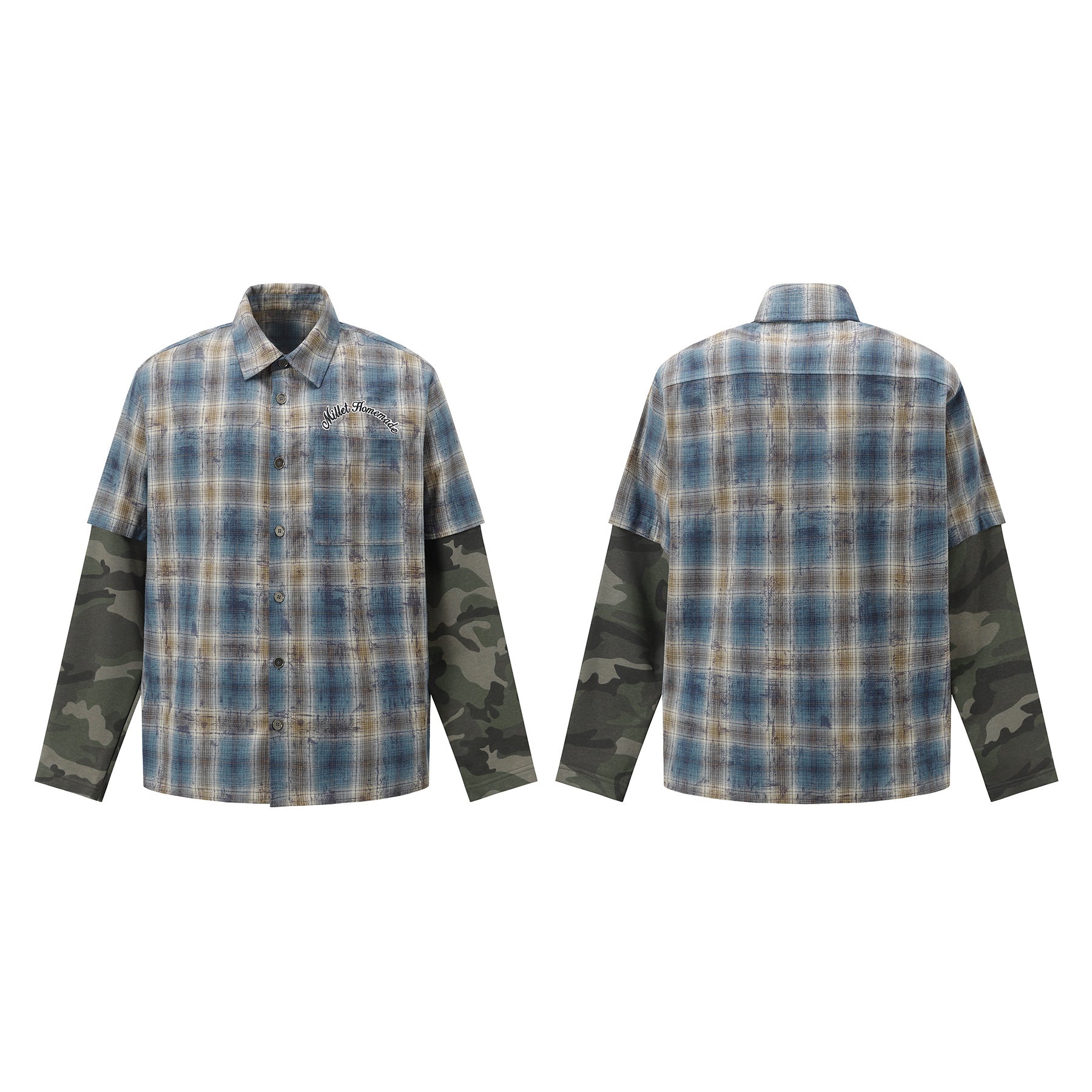 2025 Spring New Arrival: American Retro Street Style Faux Two-Piece Design Long-Sleeved Shirt 166