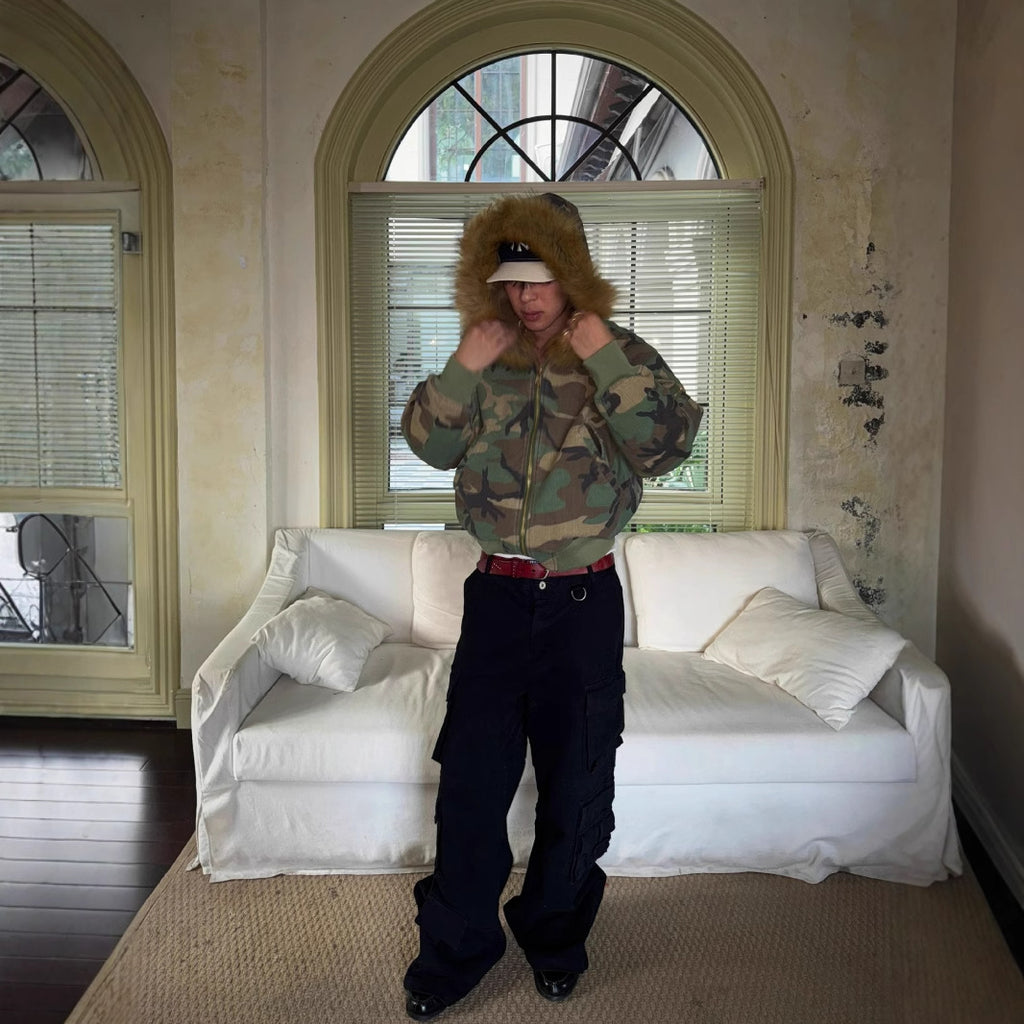 2024 New Reversible Camouflage Jacket with Faux Fur Collar, Fleece-Lined and Thickened Cotton Coat for Men, Trendy Cotton-Padded Jacket 161