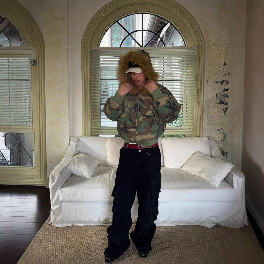 2024 New Reversible Camouflage Jacket with Faux Fur Collar, Fleece-Lined and Thickened Cotton Coat for Men, Trendy Cotton-Padded Jacket 161