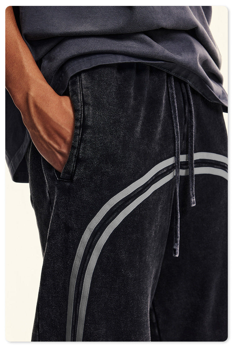 Autumn Street Style American Sporty Straight Leg Pants, Washed Striped Webbing Zipper Long Pants, Wide Leg Sweatpants for Men 105