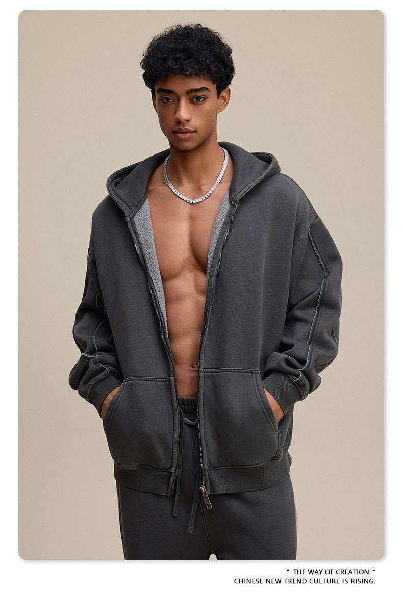 European and American high street style double-zip fleece-lined hooded sweatshirt with three-dimensional tailoring and thickened cardigan/jacket. 145