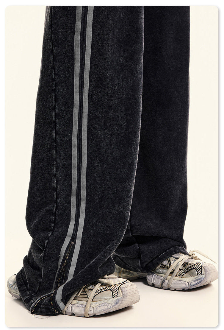 Autumn Street Style American Sporty Straight Leg Pants, Washed Striped Webbing Zipper Long Pants, Wide Leg Sweatpants for Men 105