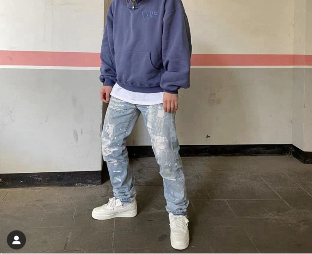 CWHAT High Street Zipper Ice Blue Washed Distressed FAR ARCHIVE Style Hoodie/Men's Base Layer 144