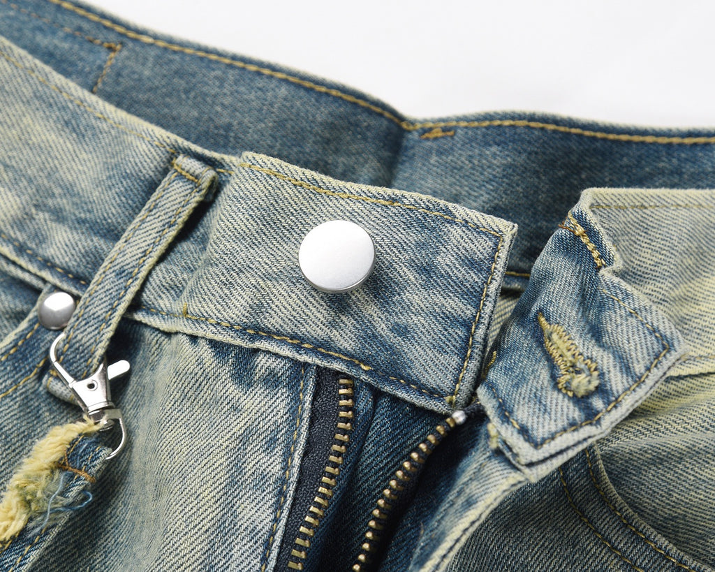 American Style High Street Washed Knife Cut Chain Pocket Hand-painted Splash Ink Retro Old Straight Jeans Trendy Jeans for Men and Women 115