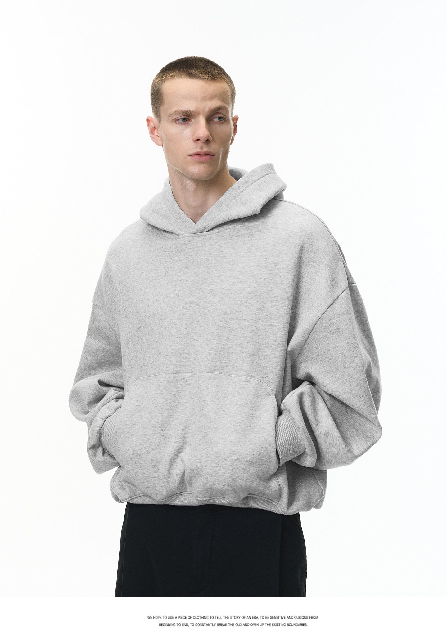 340G Heavyweight Fleece-Lined Hoodie with Curved Sleeves, Men's American Style, Cleanfit Short Solid Color Warm Hoodie 143