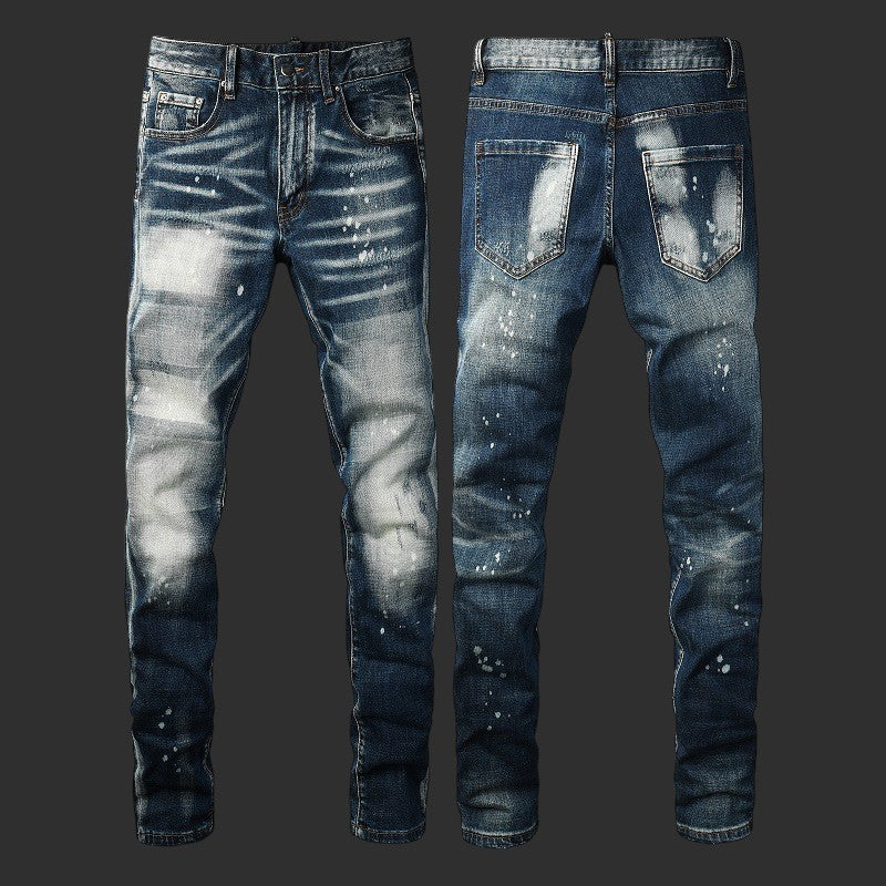 BLUE VINTAGE WASH PAINT SPLATTER SKINNY JEANS DISTRESSED STREETWEAR DENIM | FLIPFIT