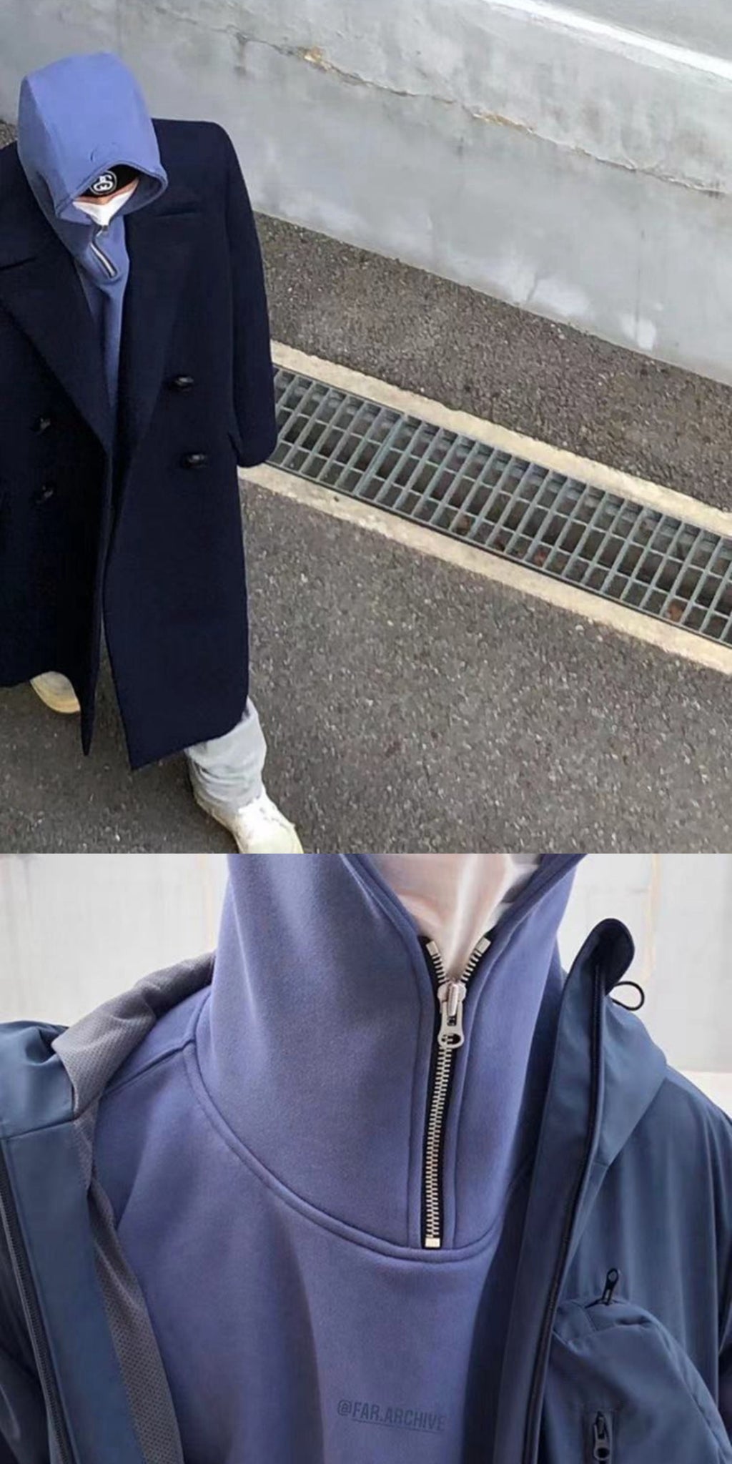 CWHAT High Street Zipper Ice Blue Washed Distressed FAR ARCHIVE Style Hoodie/Men's Base Layer 144