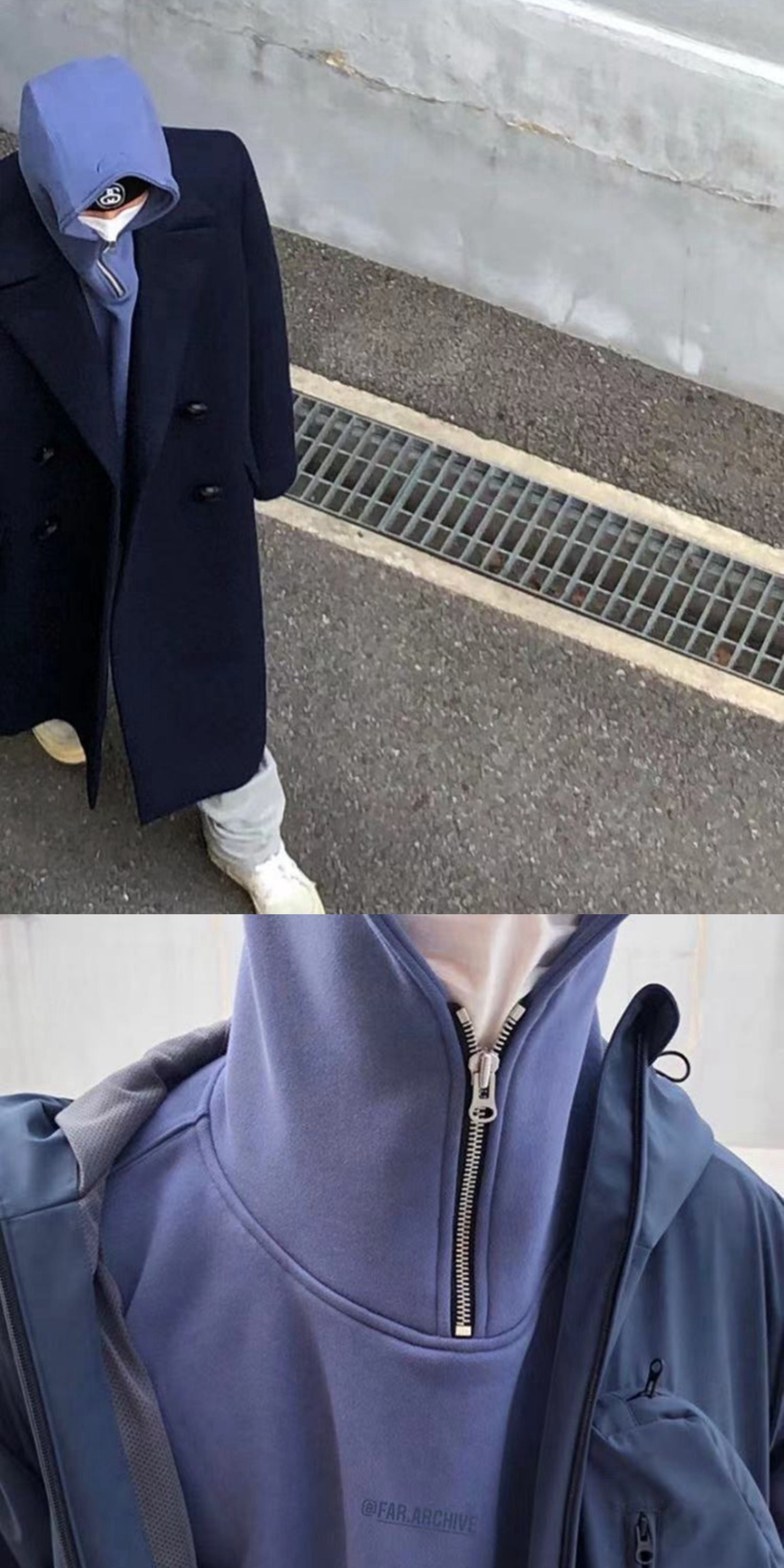 CWHAT High Street Zipper Ice Blue Washed Distressed FAR ARCHIVE Style Hoodie/Men's Base Layer 144