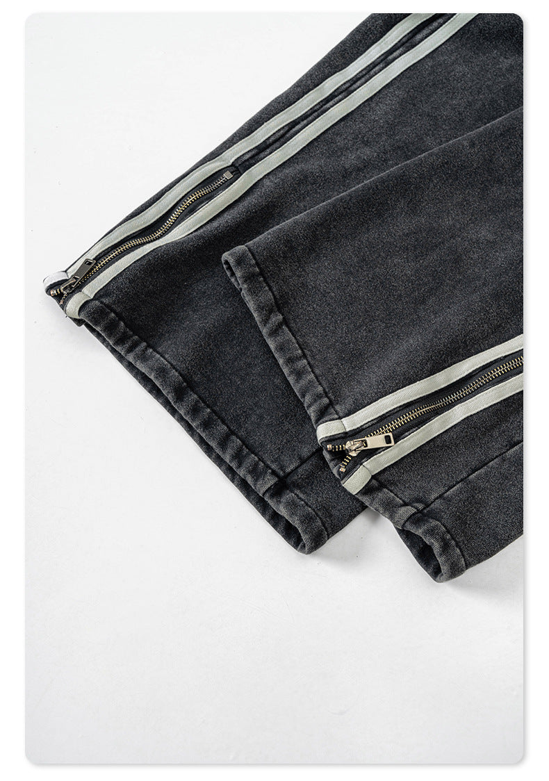 Autumn Street Style American Sporty Straight Leg Pants, Washed Striped Webbing Zipper Long Pants, Wide Leg Sweatpants for Men 105