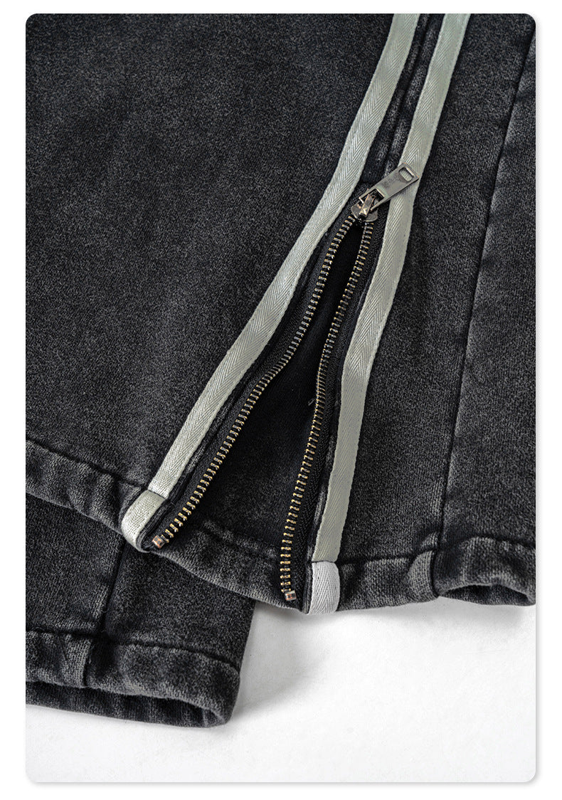 Autumn Street Style American Sporty Straight Leg Pants, Washed Striped Webbing Zipper Long Pants, Wide Leg Sweatpants for Men 105