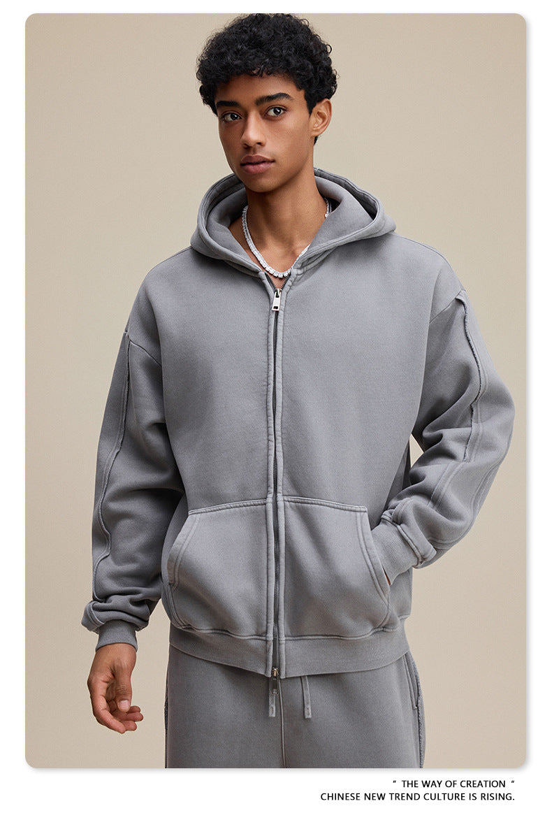European and American high street style double-zip fleece-lined hooded sweatshirt with three-dimensional tailoring and thickened cardigan/jacket. 145