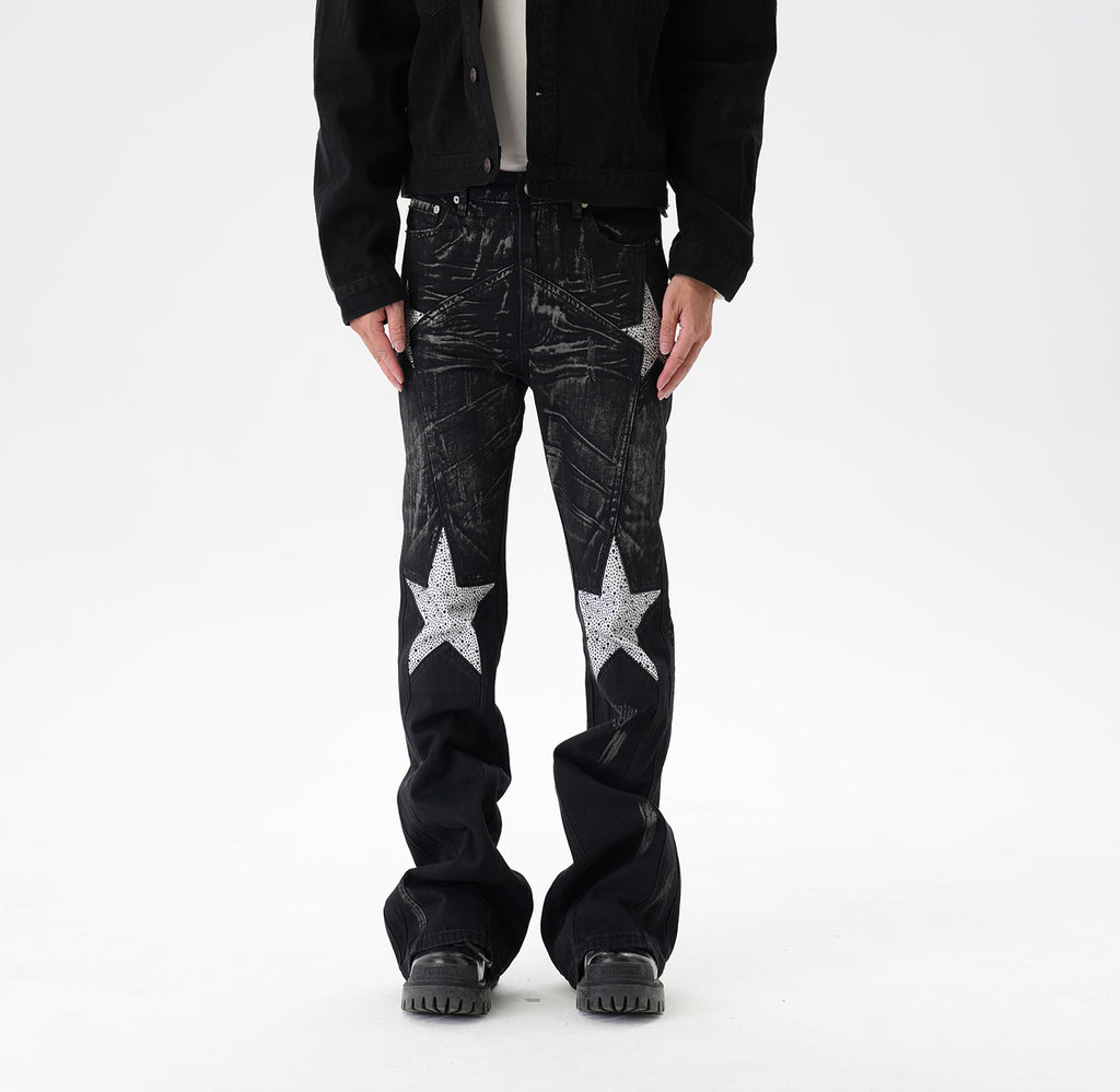 CWHAT American-style high street stitching three-dimensional tailoring deconstruction five-pointed star hot drilling brush dirty slim Micro-jeans men