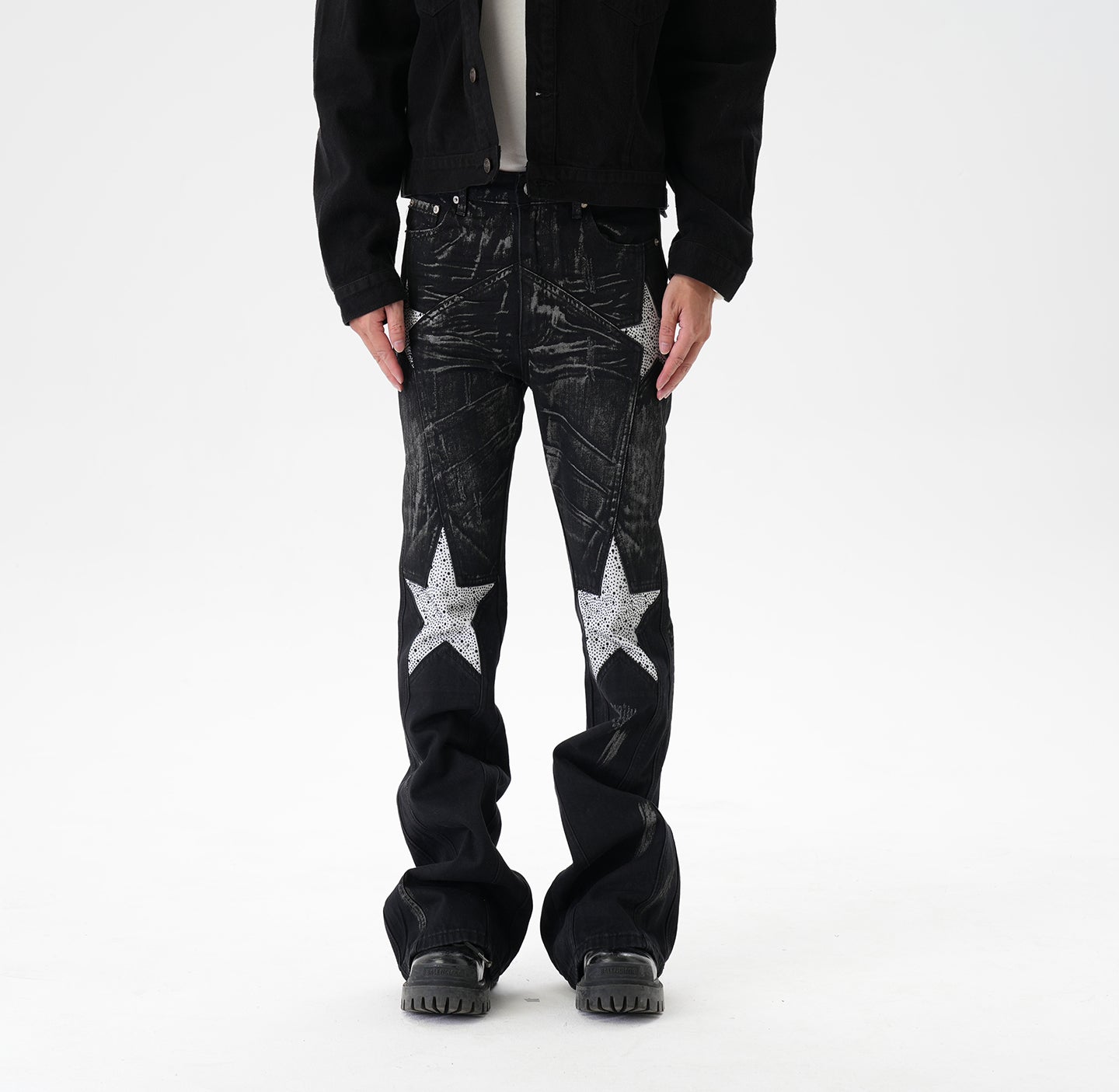 CWHAT American-style high street stitching three-dimensional tailoring deconstruction five-pointed star hot drilling brush dirty slim Micro-jeans men