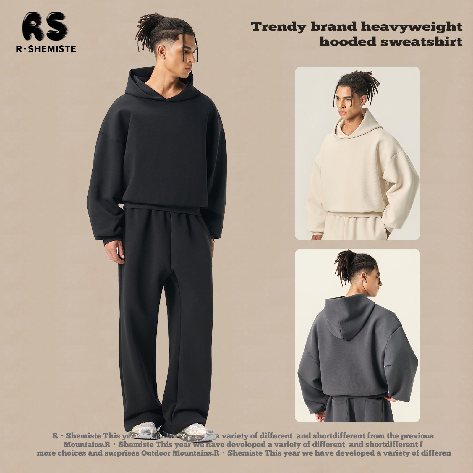 RS Men's Clothing | Boxy Square Fit Short & Wide 350G Hooded Sweatshirt, Cross-border Trendy American Style Hooded Sweatshirt for Men 140