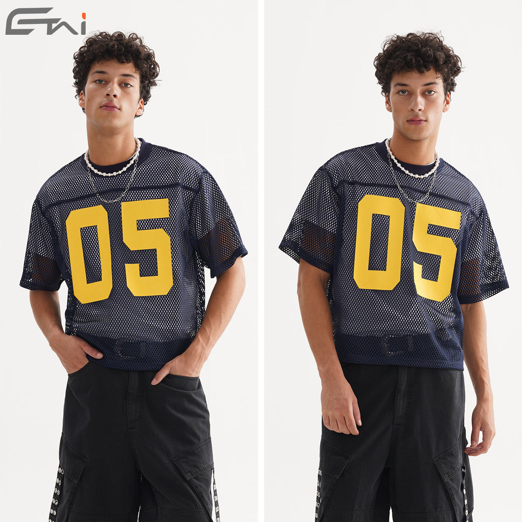 In stock, short-sleeved, wide-fit mesh sportswear, polygonal mesh, loose fit, casual sports printed men's T-shirt. 129