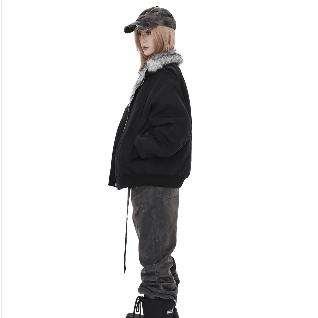 American Style Vintage High Street Mountain Carved Wool Collar Cotton-padded Jacket for Men and Women Couple's Aviator Jacket fleece-lined Warm Cotton-padded Clothes Fashion 162