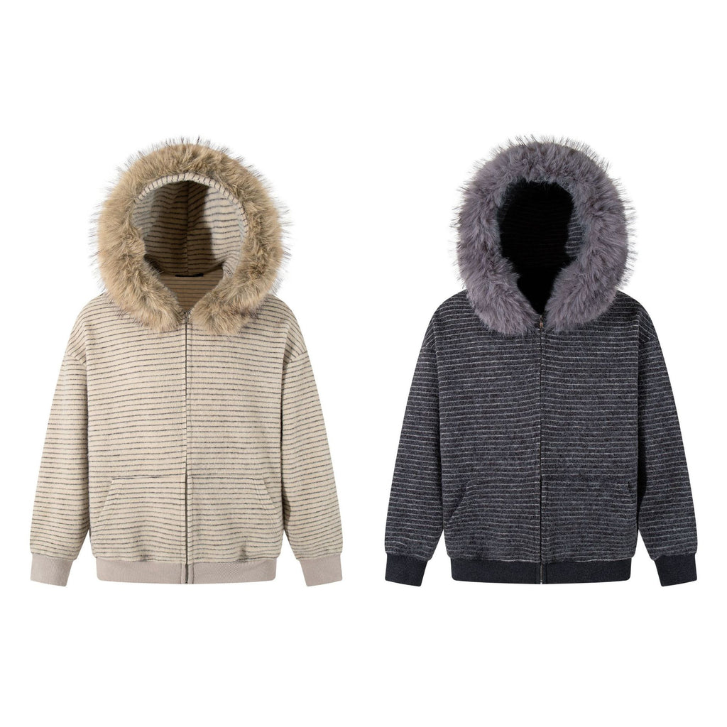 New American Retro Minimalist Versatile Striped Hooded Sweatshirt with Fur Collar Jacket 180