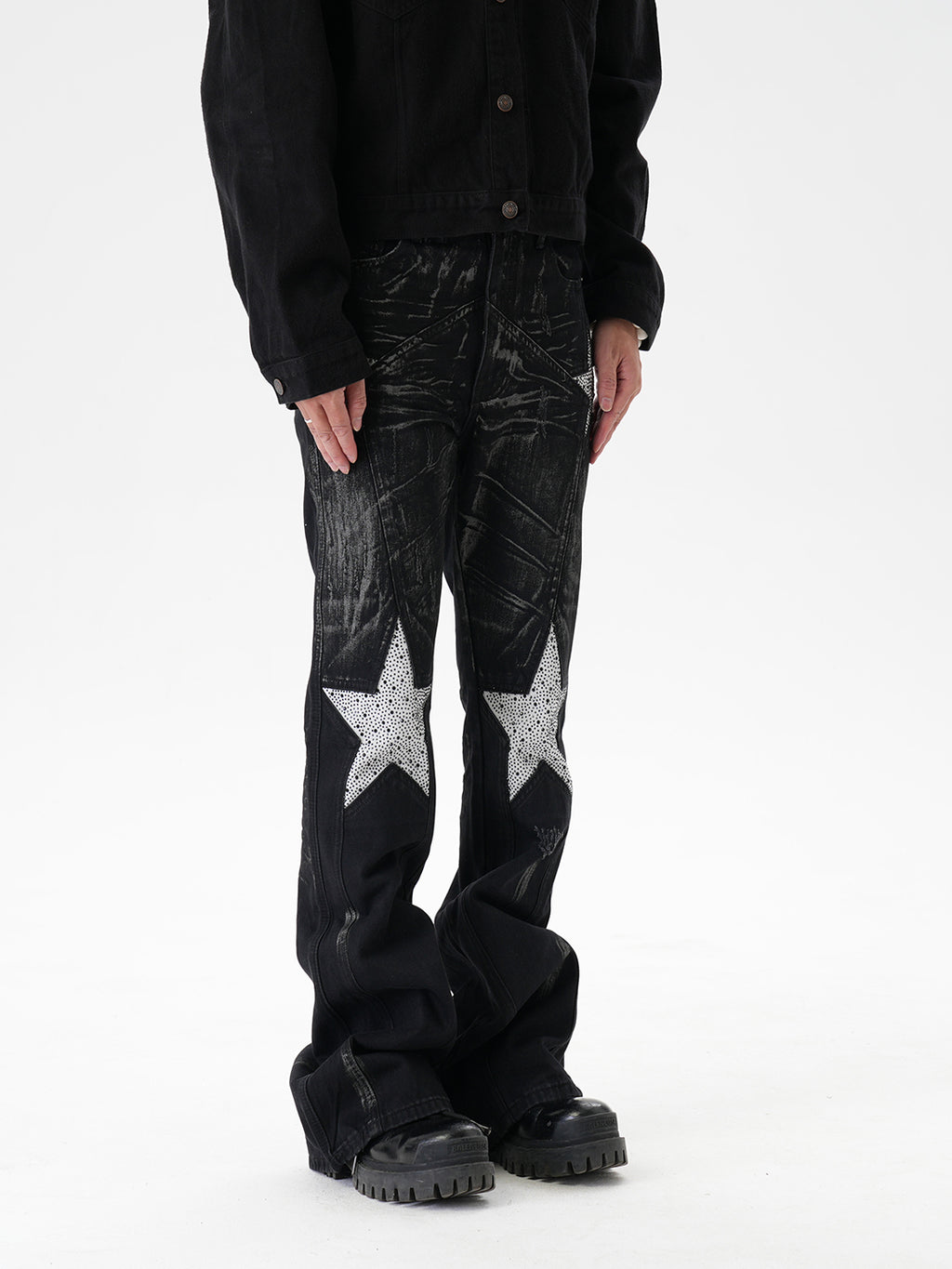 CWHAT American-style high street stitching three-dimensional tailoring deconstruction five-pointed star hot drilling brush dirty slim Micro-jeans men