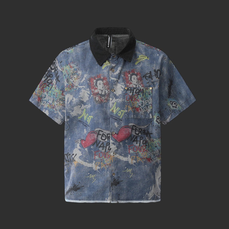 Blue Denim Graffiti Art Short Sleeve Shirt with Black Collar | FlipFit