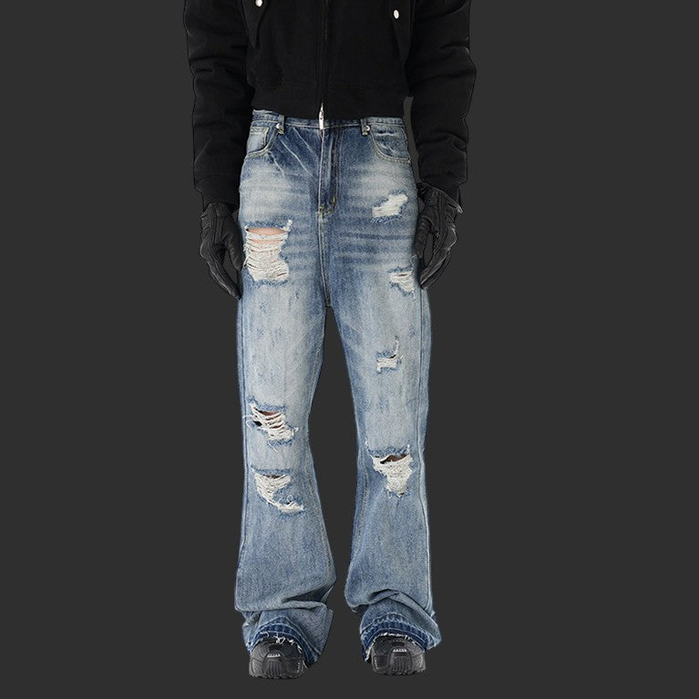 LIGHT BLUE HEAVY DESTROYED WIDE LEG JEANS RIPPED BAGGY STREETWEAR DENIM | FLIPFIT
