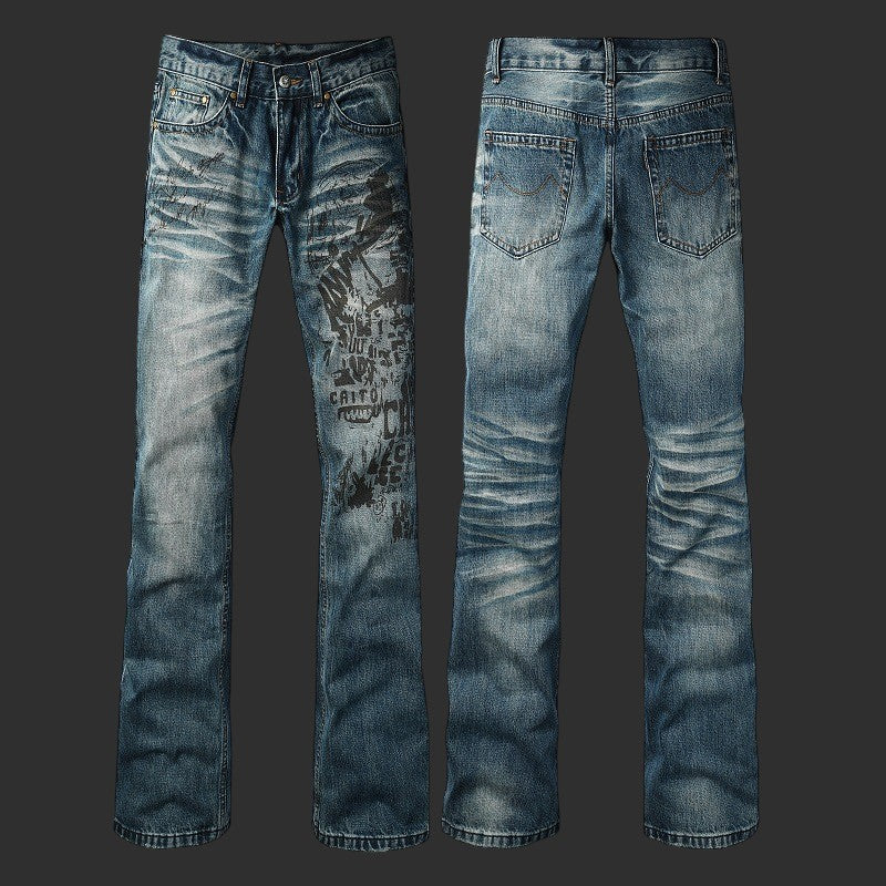 Graphic Print Flare Vintage Washed Denim Streetwear Jeans | FlipFit