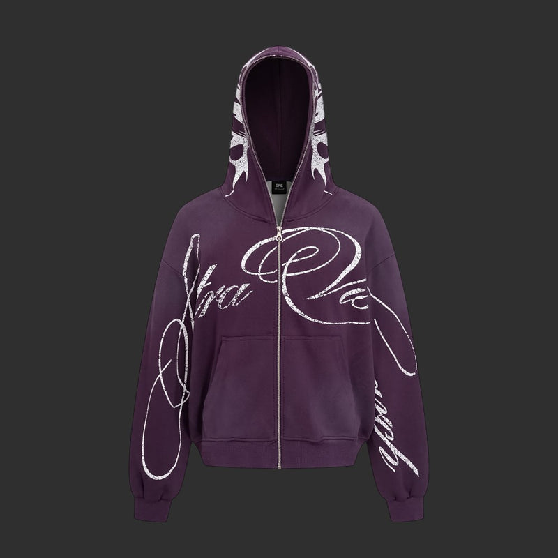 Distressed Calligraphy Tribal Flame Zip-Up Hoodie | FlipFit