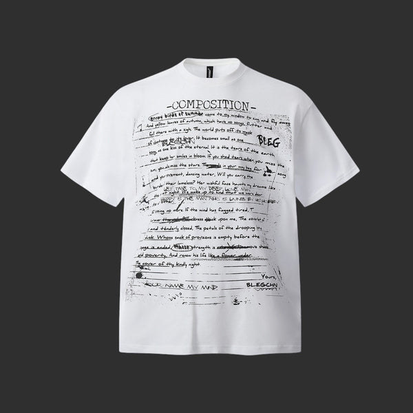 Handwritten Letter Graphic T-Shirt Men Composition Print Oversized Streetwear Tee | FlipFit