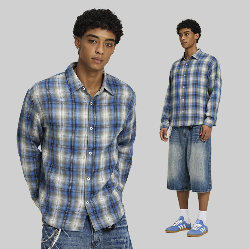 Men's Clothing | Loose-fitting, Drop-shoulder plaid shirt, long-sleeved, trendy, high-quality men's autumn outerwear. 164