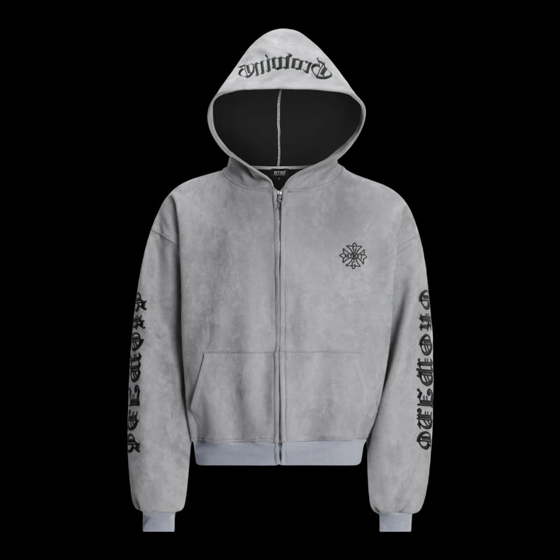 Cozy Heavy Embroidered Suede Zipper Hoodie