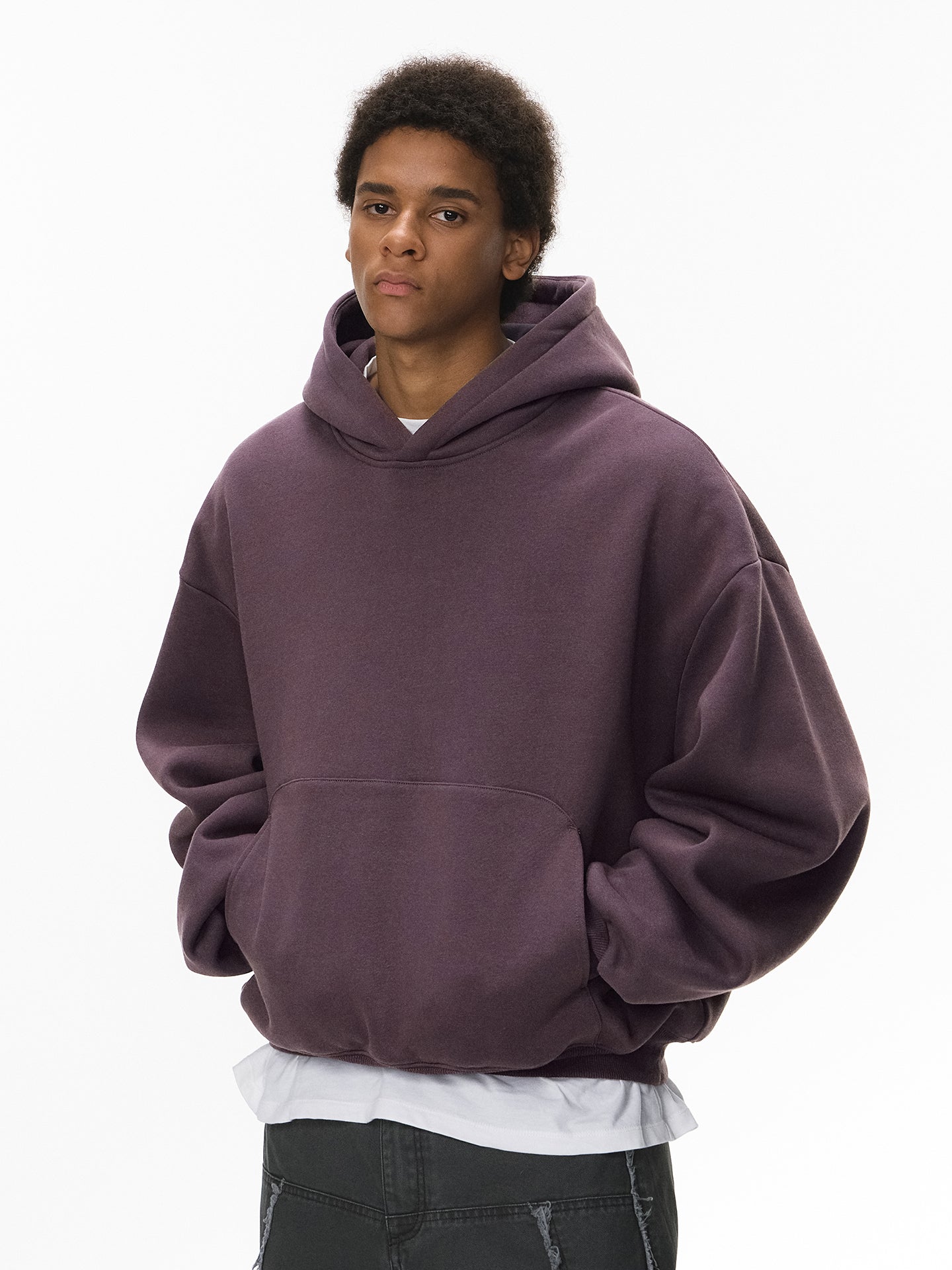 340G Heavyweight Fleece-Lined Hoodie with Curved Sleeves, Men's American Style, Cleanfit Short Solid Color Warm Hoodie 143