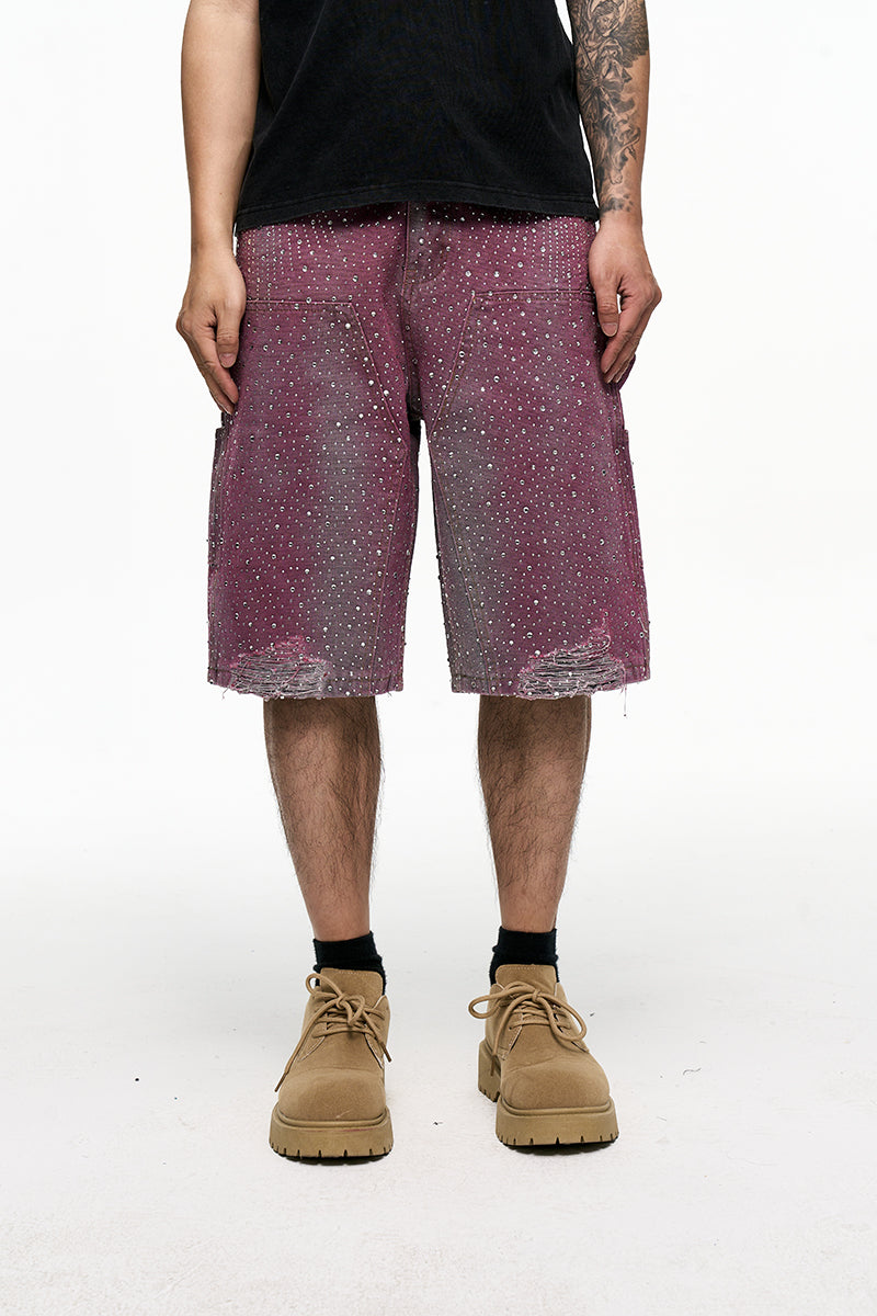 CWHAT American Retro VIBE Style Rhinestone Frayed Edge Men's Hip Hop Cropped Denim Shorts with Rhinestone Foil Hem 153