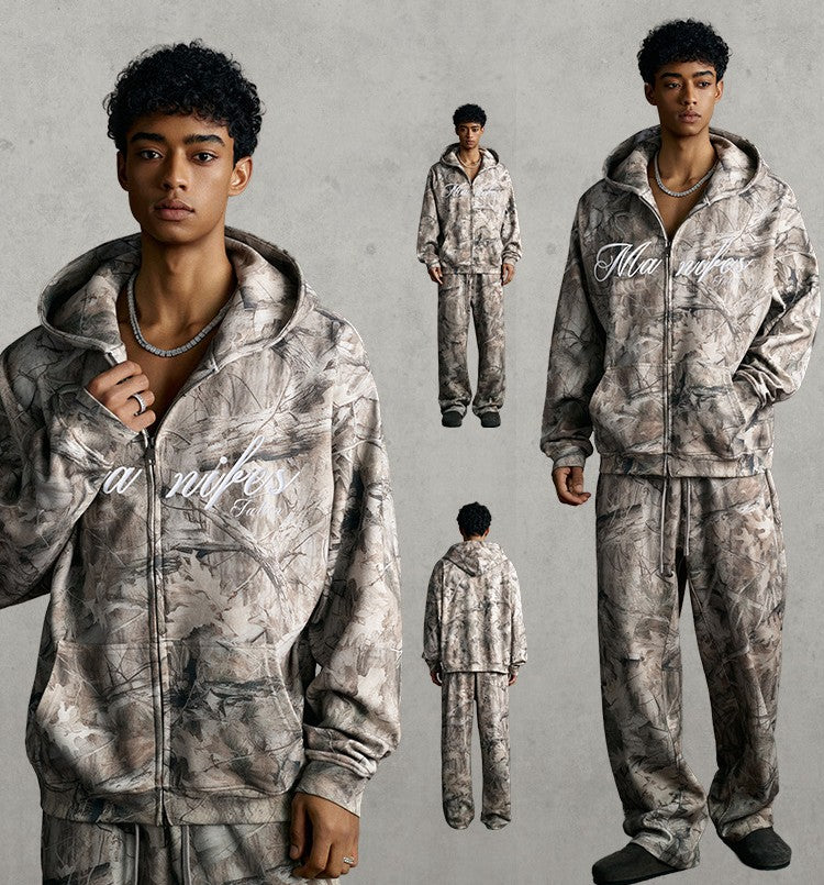 Street Style Chic Winter European and American Style Camouflage Embroidered Fleece-Lined Hoodie Jacket for Men 177