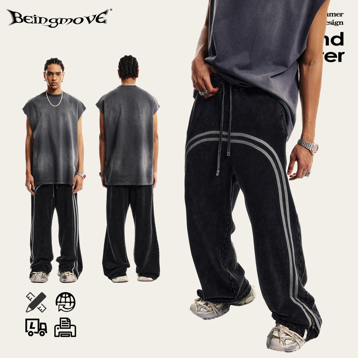 Autumn Street Style American Sporty Straight Leg Pants, Washed Striped Webbing Zipper Long Pants, Wide Leg Sweatpants for Men 105