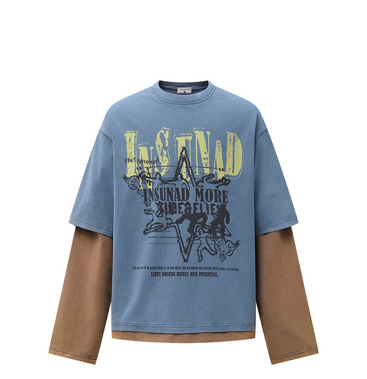 K787 American Retro Old Letter Printed Long-sleeved T-shirt Men's Fake Two-piece Sports Hip-hop Loose Casual Top 154