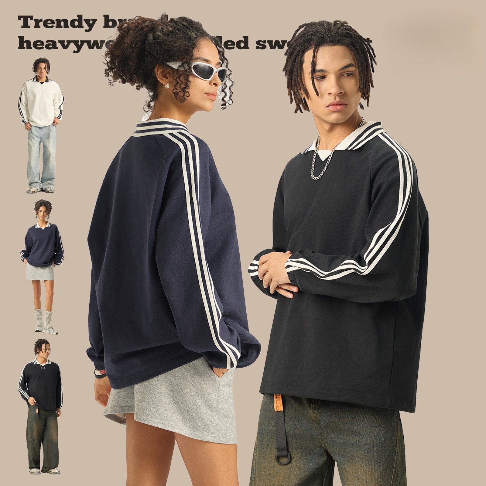 RS Men's Clothing | Cross-border American Striped Pure Cotton Sweatshirt Men's 380G College Style Color Block Turn-down Collar Commuting Men's Sweatshirt 120