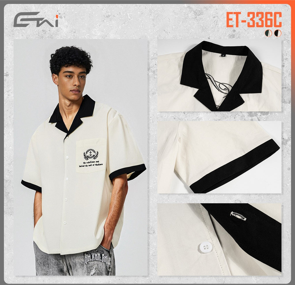 Men's Wear | High-Quality Pure Cotton Collared Color-Blocked Casual Shirt, Trendy Loose-Fit Woven Short-Sleeve Shirt 127