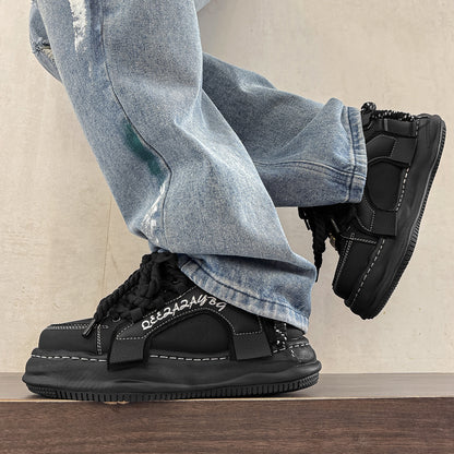 Thick-Soled Black Braided Sports Sneakers