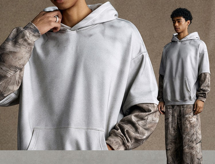 Street Style Chic 2025 American Retro Distressed Color Block Faux Two-Piece Camouflage Hooded Sweatshirt for Men 176