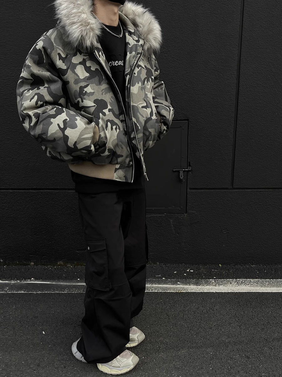 Men's winter thickened high-street bomber American-style flight quilted jacket with large fur collar. 133