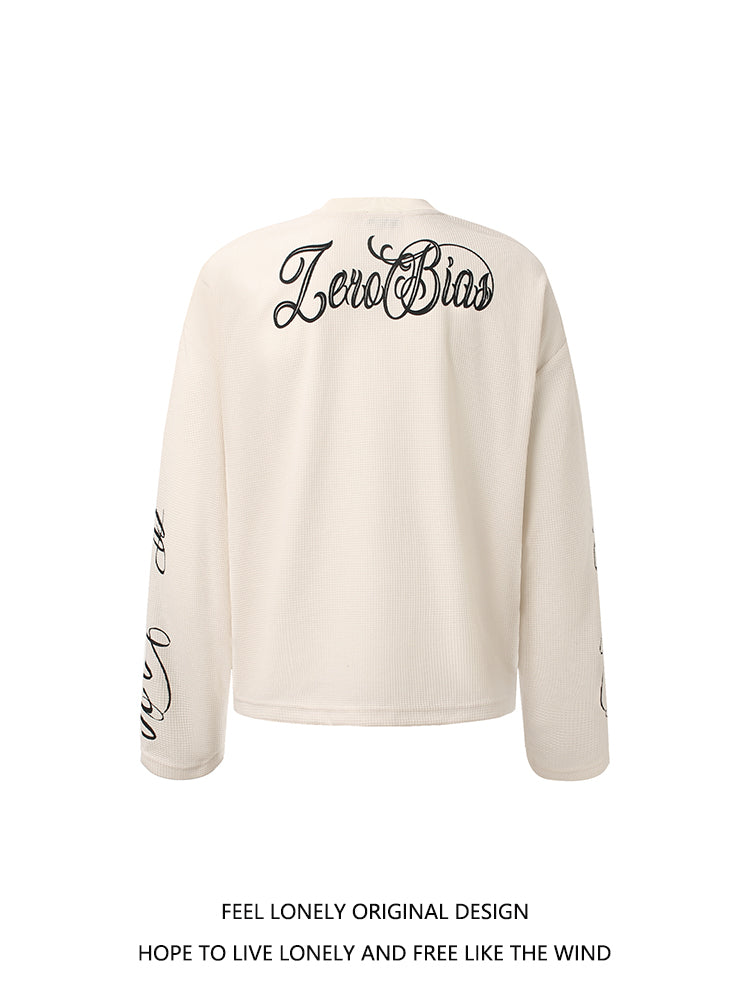 Feel lonely American retro letter waffle long-sleeved T-shirt for men, autumn, loose-fitting and high-quality top for couples. 147