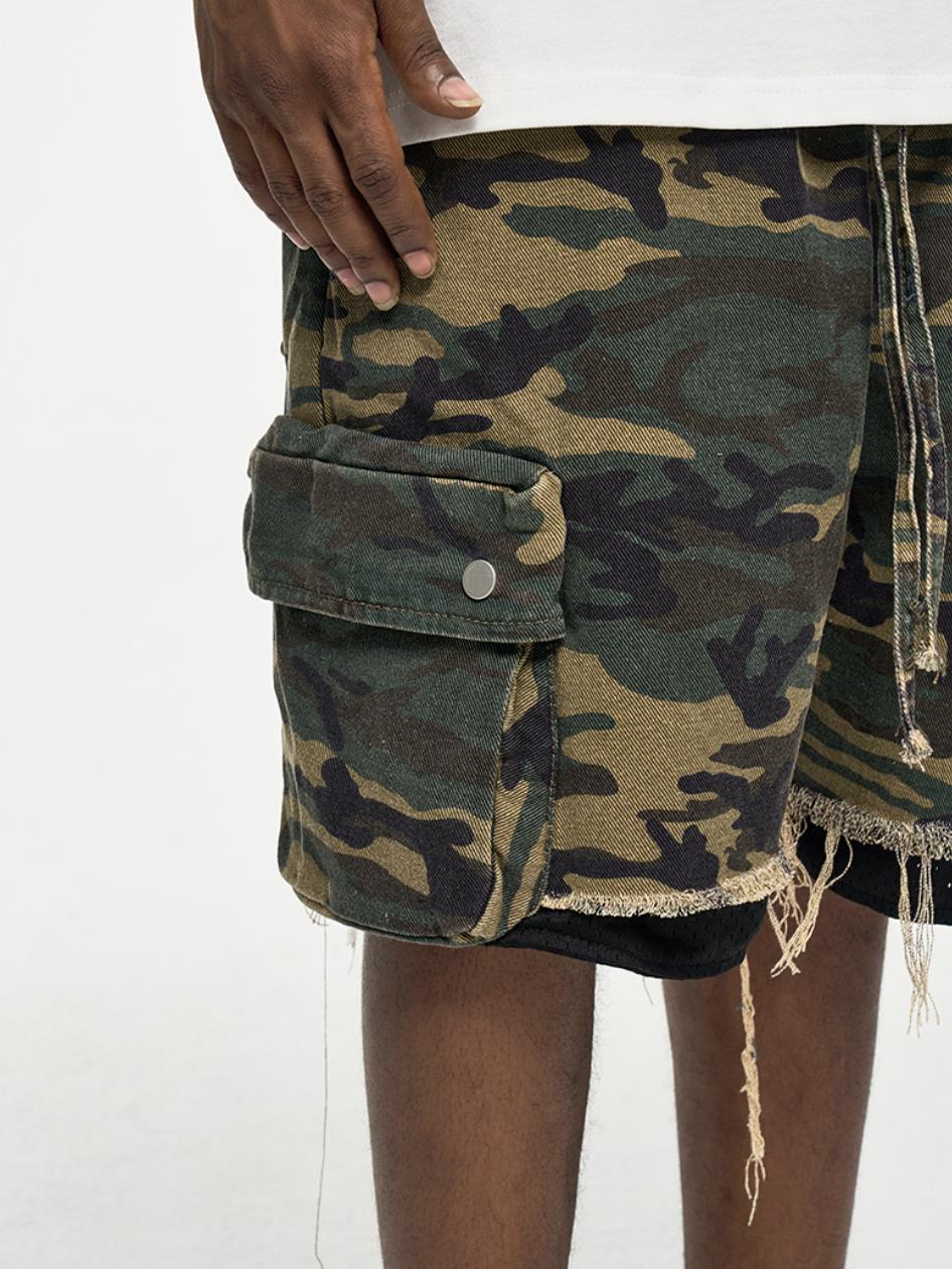 High Street washed rough edge distressed double layer retro tooling pocket fashion camouflage shorts summer pants men's