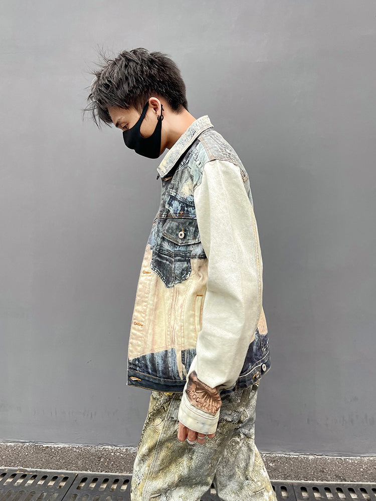 Heavy Single According to Pure Same Color Contrast Trendy Brand Denim Jacket for Men and Women Digital Printing Design Feeling Trendy Handsome Jacket 158