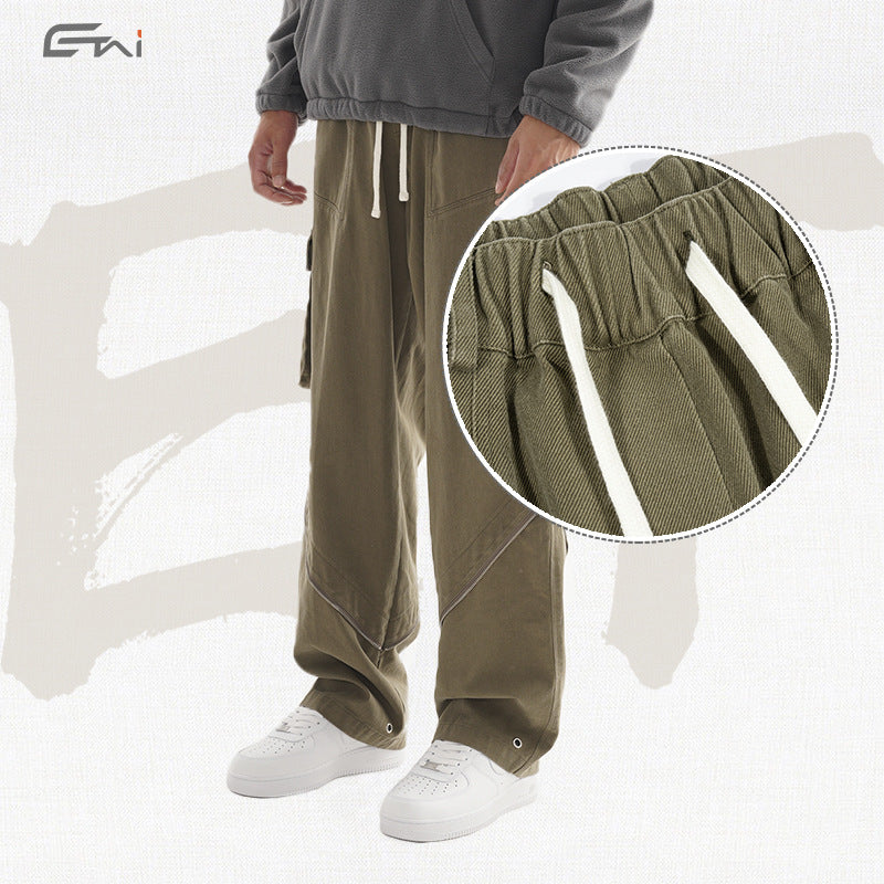 Custom-made streetwear style casual trousers with fashionable zipper patchwork, high-quality belted men's trousers 122