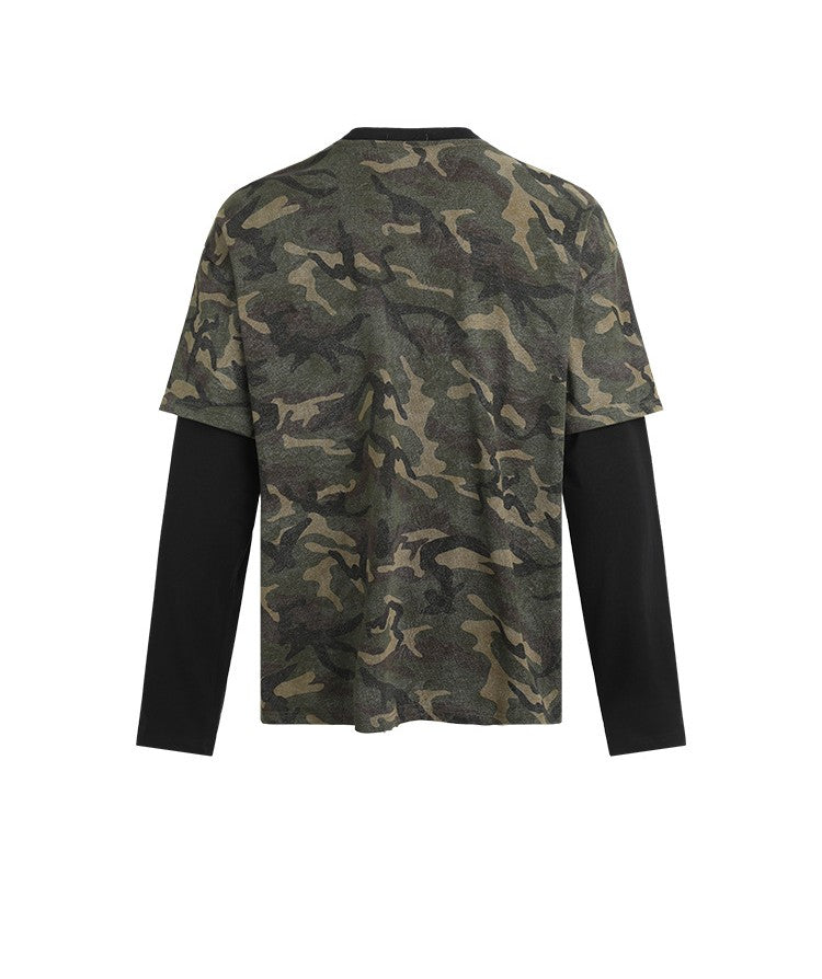 American Retro Camouflage Letter Embroidery Patchwork Faux Two-Piece Long-Sleeve T-Shirt Men's Trendy Sports Top 172