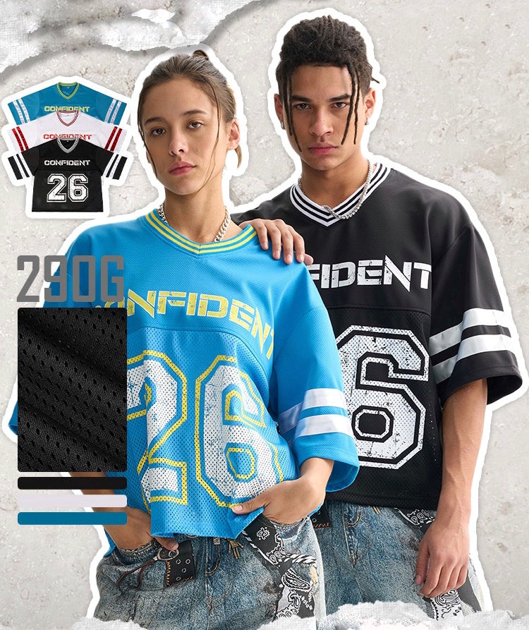Men's Wear | Short-Sleeve, Wide-Leg American Retro Mesh Jersey/T-Shirt, High-Quality Trendy Color-Blocked Men's Short-Sleeve T-Shirt 103
