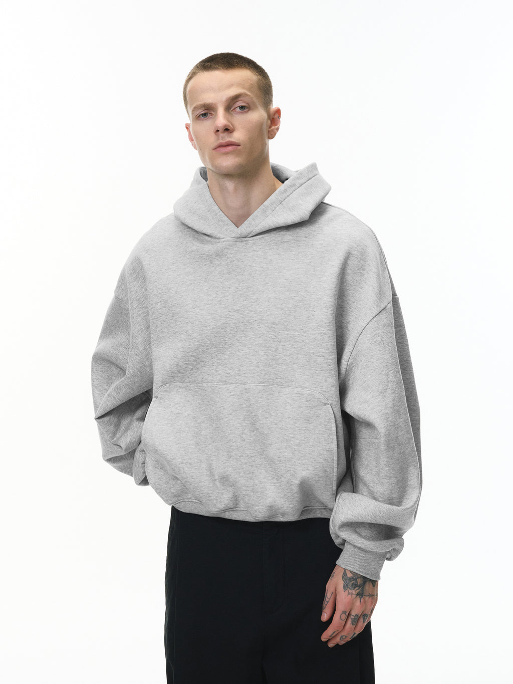 340G Heavyweight Fleece-Lined Hoodie with Curved Sleeves, Men's American Style, Cleanfit Short Solid Color Warm Hoodie 143