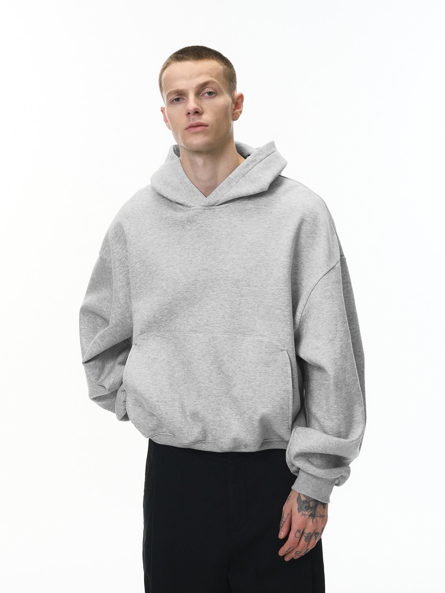 340G Heavyweight Fleece-Lined Hoodie with Curved Sleeves, Men's American Style, Cleanfit Short Solid Color Warm Hoodie 143