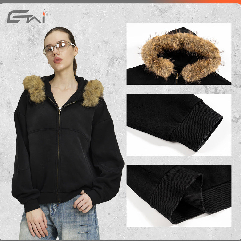 Men's Clothing | Loose Short Style Men's Trendy Brand High-Quality Heavyweight Boxy Hooded Sweatshirt with Horsehair Collar and Zipper. 163