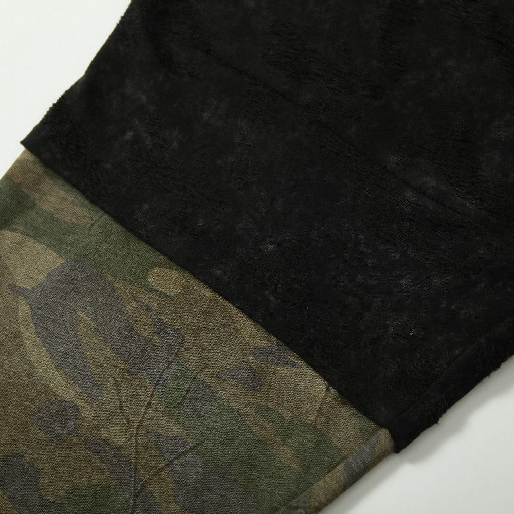 Street punk camouflage long-sleeved T-shirt for men, casual loose fit, spring and autumn, distressed wash, raglan patchwork top, trendy 178
